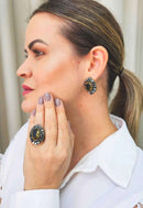 Anel Presença ouro velho oval com strass hematite