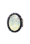 Anel Jenifer oval com pedra opal e hematite banhado no grafite