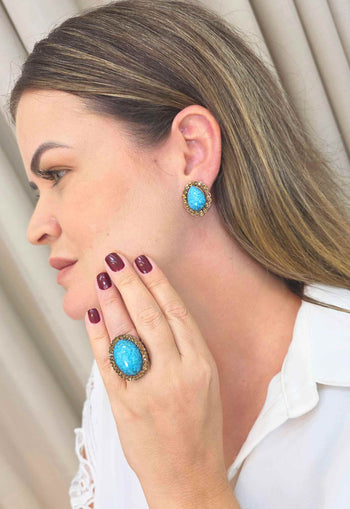 Anel Oval Azul Marrom Vintage Ajustável | Anel Antiquário