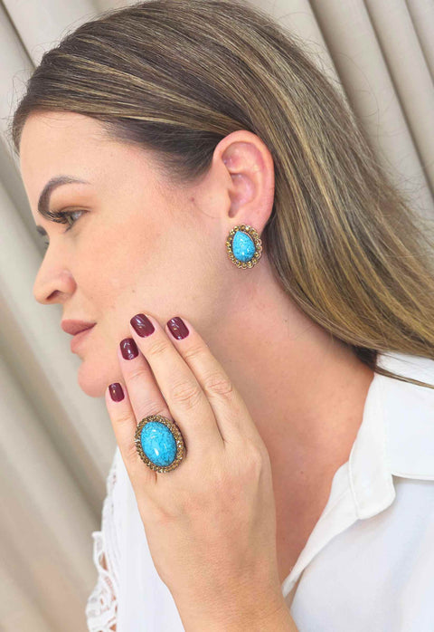 Anel Oval Azul Marrom Vintage Ajustável | Anel Antiquário