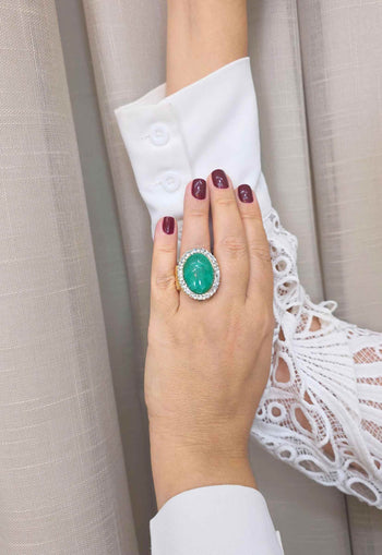 Anel Oval Verde Água Cristais Dourado Ajustável | Anel Geração