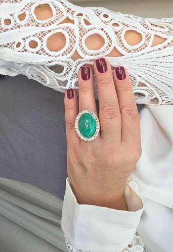 Anel Oval Verde Água Cristais Dourado Ajustável | Anel Geração