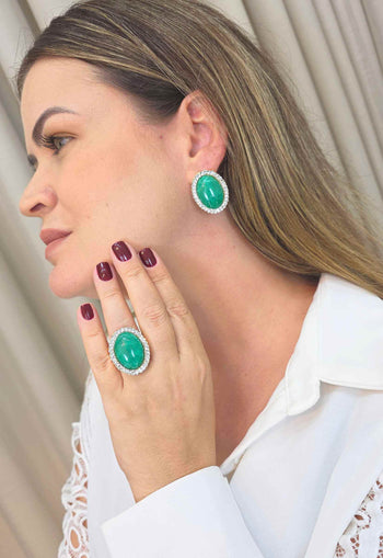Anel Oval Verde Água Cristais Dourado Ajustável | Anel Geração