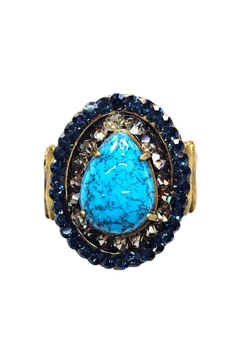 Anel Antônia oval de pedras azuis e black diamond banhado no ouro velho