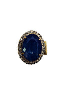 Anel Helena oval de pedra azul com black diamond banhado no ouro velho