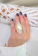 Anel Kalaf de strass cristal e pérola banhado no dourado