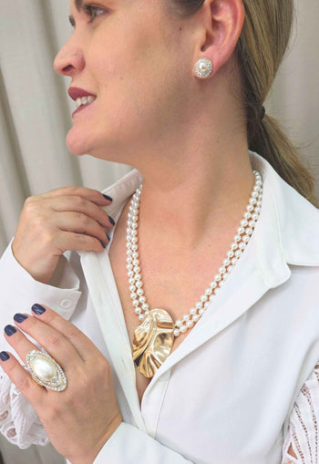 Anel Kalaf de strass cristal e pérola banhado no dourado