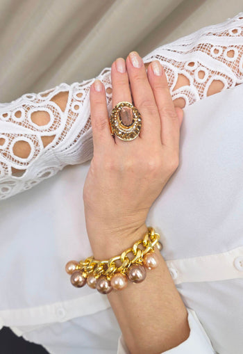 Anel Vicentina: Moda Festa com Pedras Peach e Marrom no Dourado | Design Exclusivo Sahara
