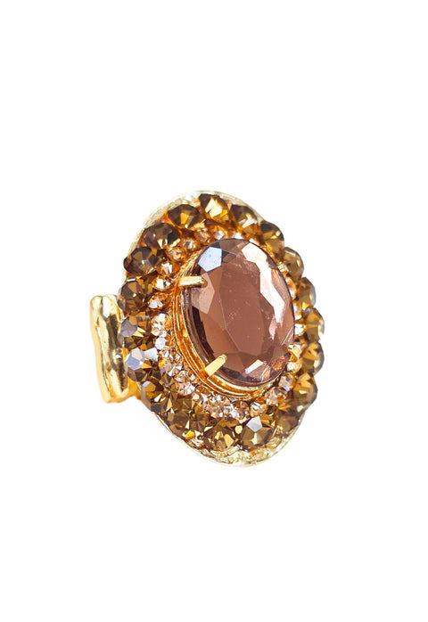 Anel Vicentina: Moda Festa com Pedras Peach e Marrom no Dourado | Design Exclusivo Sahara