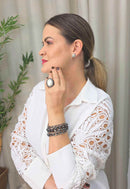 Anel Oval Alexandrina com Pérola e Strass Grafite Ajustável - Bijuteria Fina