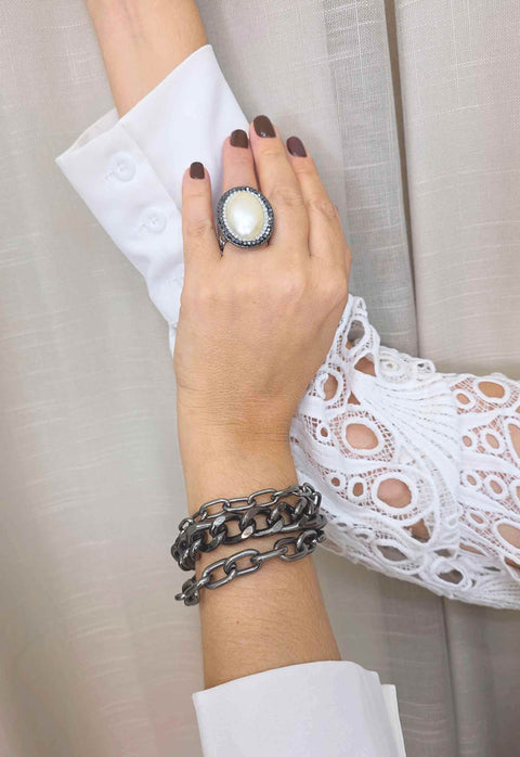 Anel Oval Alexandrina com Pérola e Strass Grafite Ajustável - Bijuteria Fina