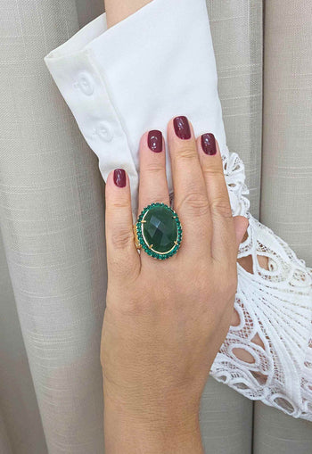 Anel Oval Verde Esmeralda Dourado Ajustável | Anel Greta