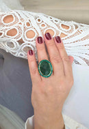 Anel Oval Verde Esmeralda Dourado Ajustável | Anel Greta