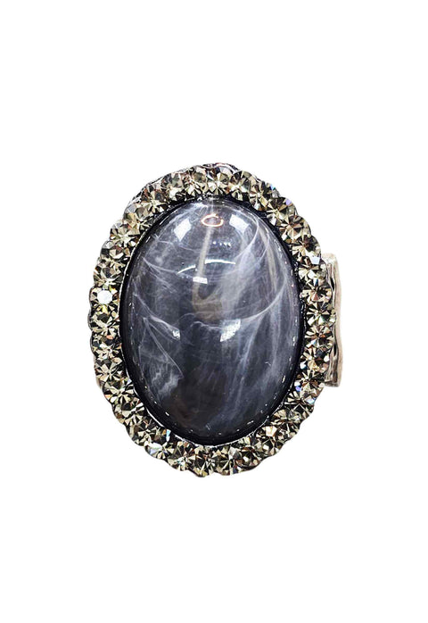 Anel Zoraide oval com pedra cinza e strass black diamond banhado no grafite