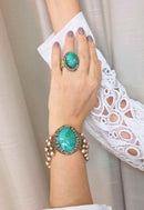 Anel Beatriz Oval com Pedras Verde Água e Cinza Ouro Velho | Sahara Acessórios