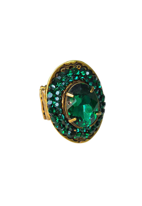 Anel Jadeíta: Elegante Oval com Pedras Verde Esmeralda no Ouro Velho | Sahara Acessórios