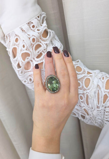 Anel Gonzalez oval de pedras verde e black diamond banhado no vintage