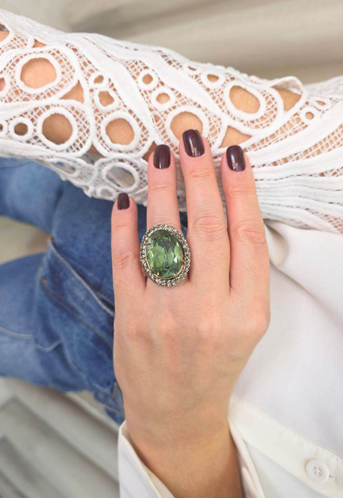 Anel Gonzalez oval de pedras verde e black diamond banhado no vintage