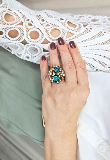 Anel Ravi com perolas vintage e pedras azuis