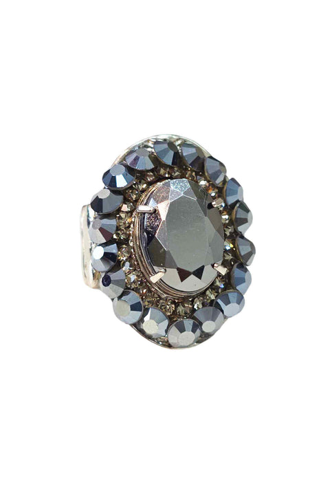 Anel Odila oval com pedras hematite banhado no prata