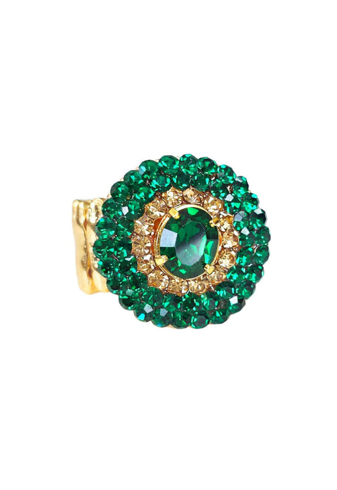 Anel Rubra: Redondo com Pedras Verde Esmeralda e Strass no Dourado | Design By Sahara