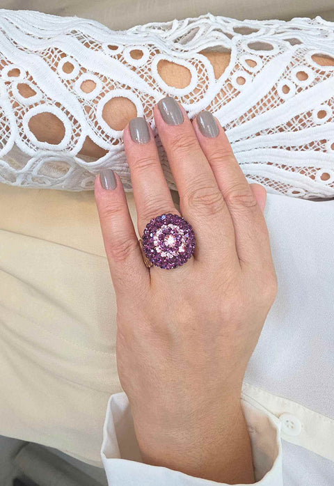 Anel Redondo Premier com Pedras Ametista e Rosa Vintage Ajustável - Bijuteria Fina