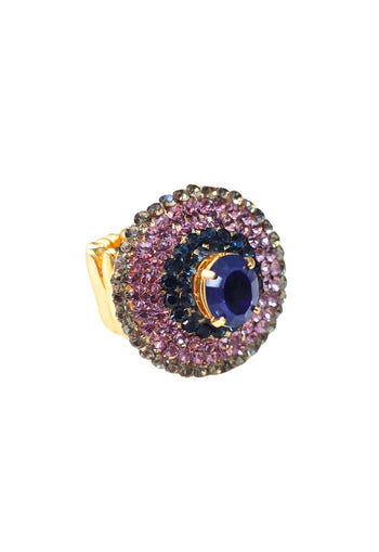 Anel Charline redondo de pedras ametista, azul e black diamond banhado no dourado