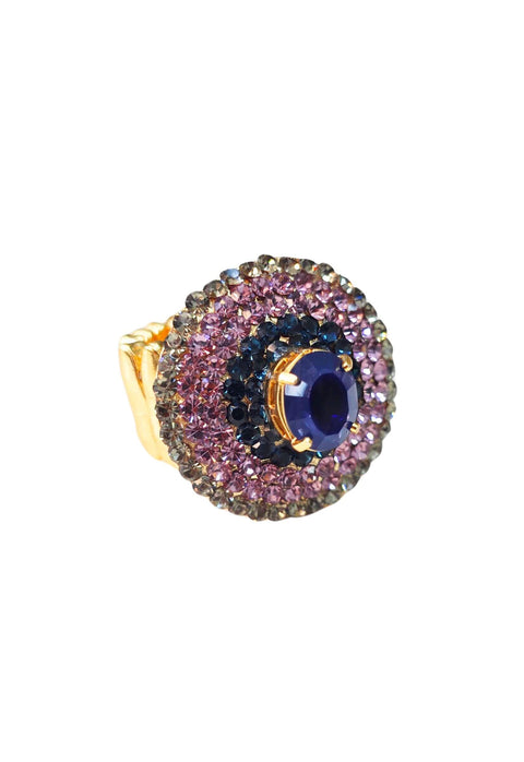 Anel Charline redondo de pedras ametista, azul e black diamond banhado no dourado