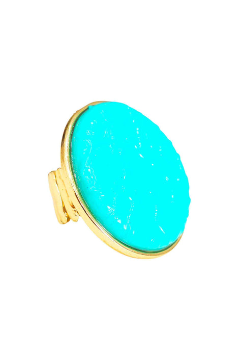 Maxi Anel Marlene: Metal Redondo Esmaltado Azul Turquesa no Dourado | By Sahara Acessórios