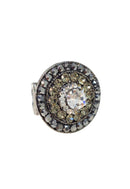 Anel Kendra redondo com pedras cristal e hematite banhado no grafite
