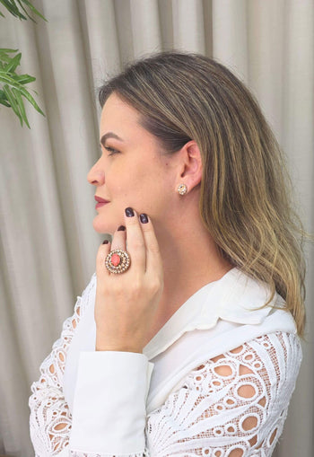 Anel Rania oval de pedra rose e strass pêssego banhado no vintage