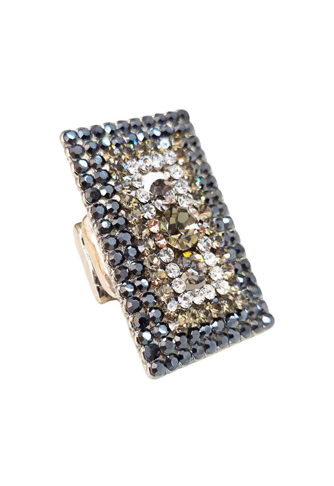 Anel Débora: Retangular com Pedras Hematite e Cristal Banhado no Prata | Noite Inesquecível