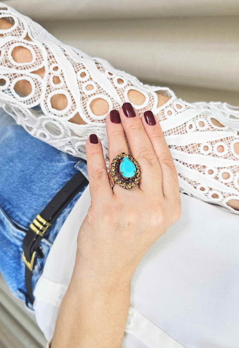 Anel Madeline com pedras azul marrom e ametista banhado no vintage