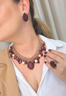 Brinco Vintage Mabel com Strass Bordô - Bijuteria Fina Artesanal