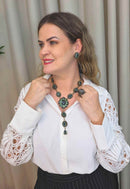 Brinco Meridiana: Elegante Oval com Gota Verde e Hematites no Ouro Velho | Sahara Acessórios