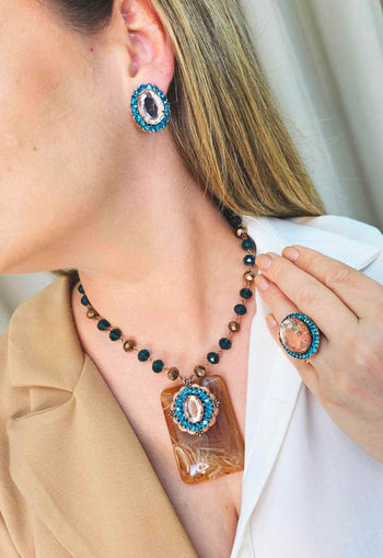 Brinco Paloma oval de pedra peach com azul banhado no vintage