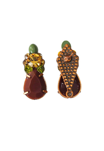 Brinco Miragem de pedras verdes e marrons banhado no vintage