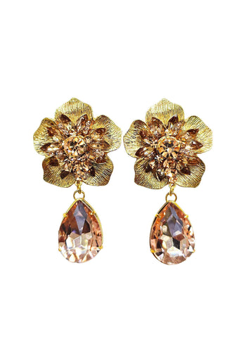 Brinco Lira Gold de flor com gota e pedras pêssego banhado no dourado