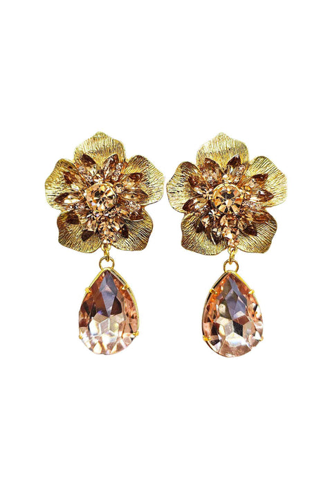 Brinco Lira Gold de flor com gota e pedras pêssego banhado no dourado