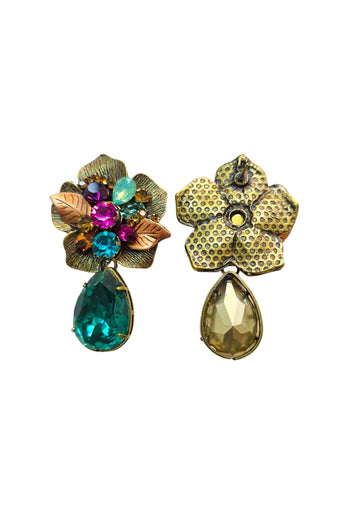 Brinco Lira: Floral com Pedras Coloridas e Gota Verde Banhado no Ouro Velho | Casual Chic para o Dia a Dia