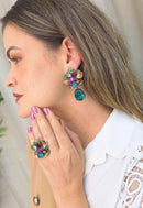 Brinco Lira: Floral com Pedras Coloridas e Gota Verde Banhado no Ouro Velho | Casual Chic para o Dia a Dia