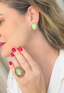 Brinco Marbella: Oval com Pedras Douradas e Verde Água no Dourado | Sahara Acessórios