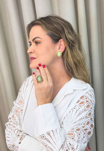 Brinco Marbella: Oval com Pedras Douradas e Verde Água no Dourado | Sahara Acessórios