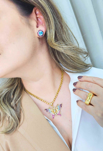 Brinco Vick Bela redondo colorido banhado no dourado