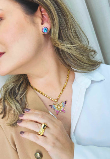 Brinco Vick Bela redondo colorido banhado no dourado