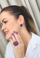 Brinco Natalie oval com pedras ametista banhado no vintage