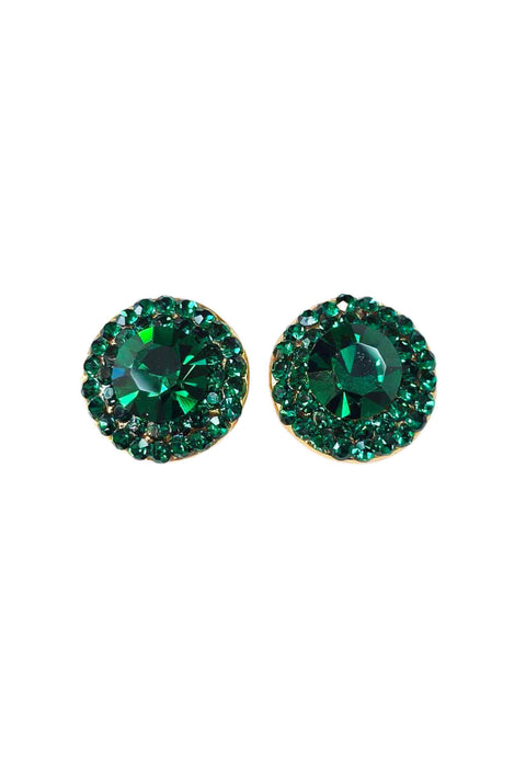 Brinco Vick Carmelita redondo com strass verde esmeralda banhado no dourado