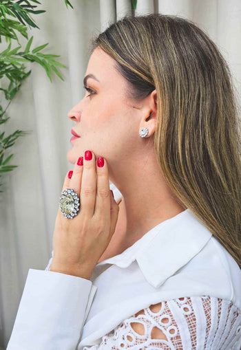 Brinco Glória oval com pedras cristais banhado no grafite