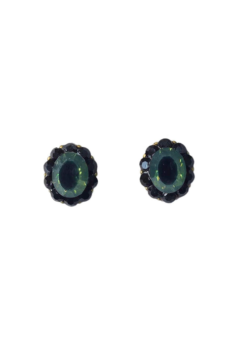 Brinco Georgia pequeno com pedras pretas e verde banhado no ouro velho