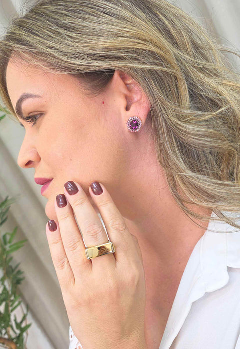 Brinco Vick Paola: Elegante com Pedras Rosa e Ametista no Dourado | Design By Sahara